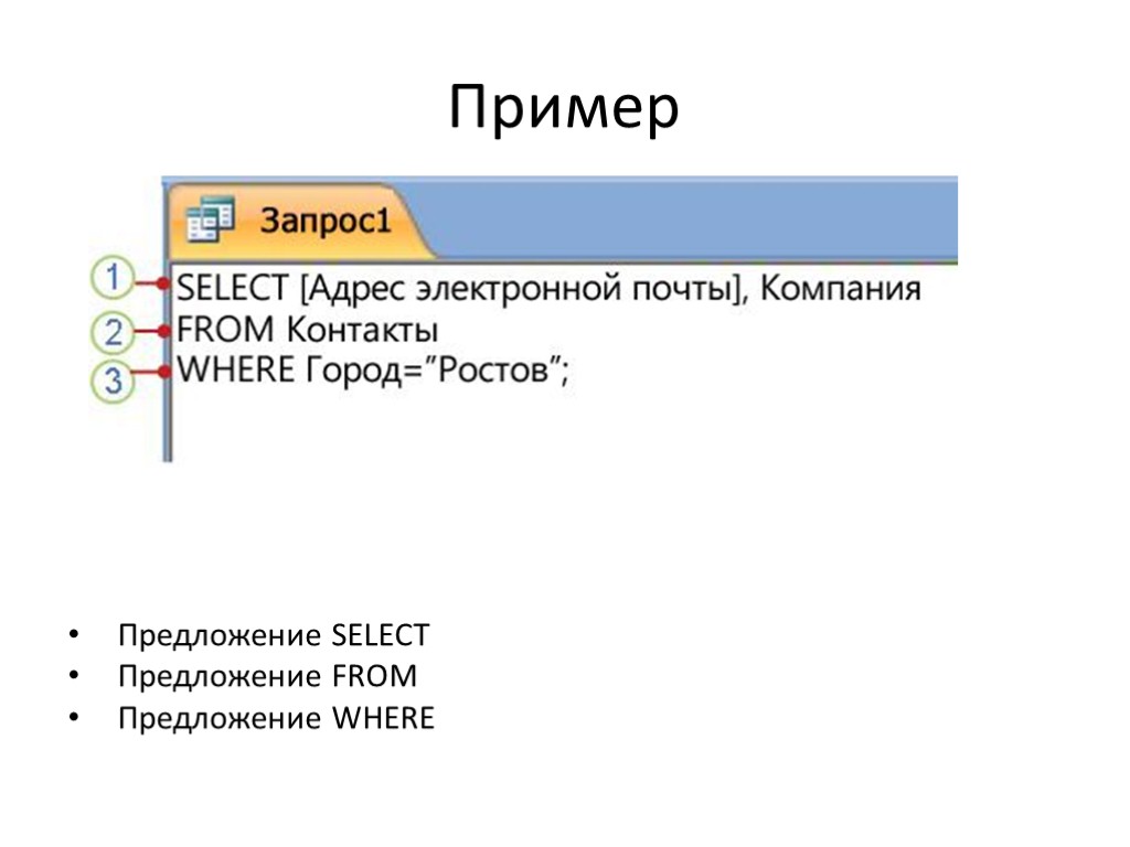 Пример Предложение SELECT Предложение FROM Предложение WHERE